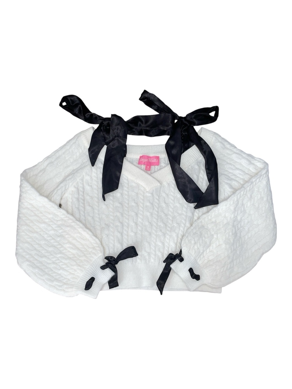 Sugar thrillz white cropped sweater with ribbon
